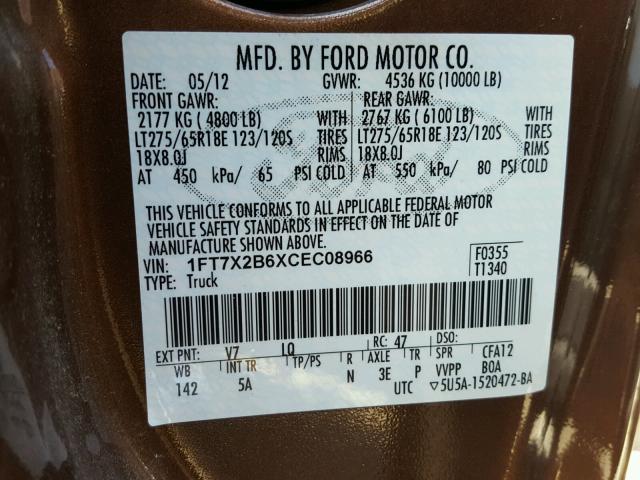 1FT7X2B6XCEC08966 - 2012 FORD F250 SUPER BROWN photo 10