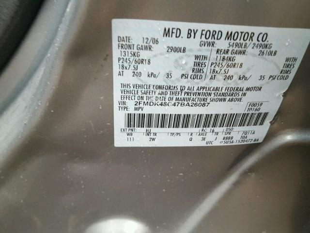 2FMDK48C47BA26087 - 2007 FORD EDGE SEL SILVER photo 10