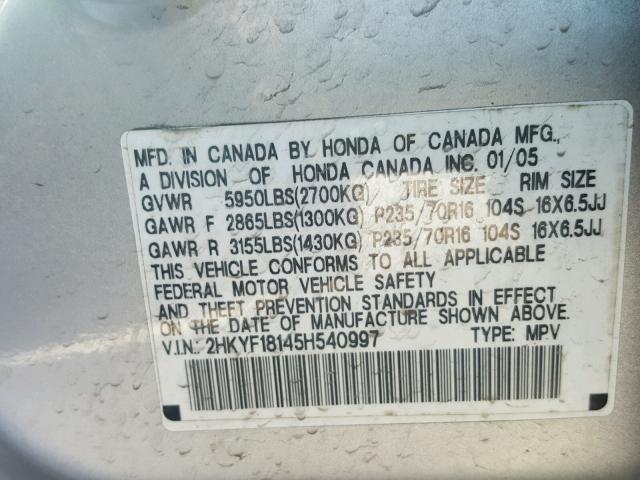 2HKYF18145H540997 - 2005 HONDA PILOT LX SILVER photo 10