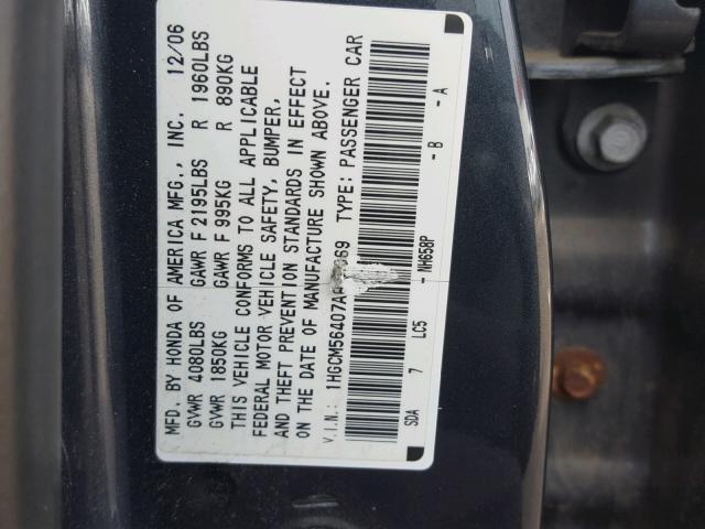 1HGCM56407A072069 - 2007 HONDA ACCORD LX BLACK photo 10