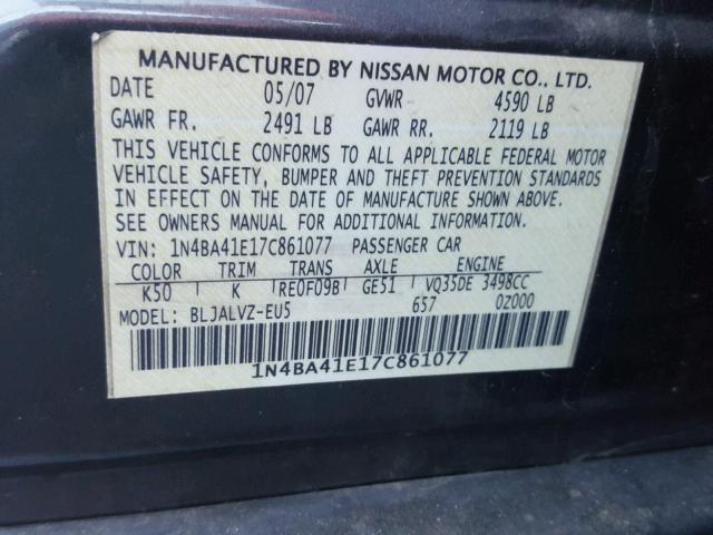 1N4BA41E17C861077 - 2007 NISSAN MAXIMA SE CHARCOAL photo 10