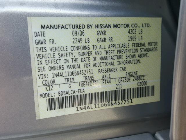 1N4AL11D66N452751 - 2006 NISSAN ALTIMA S SILVER photo 10