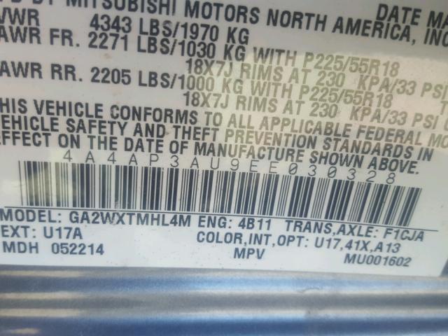 4A4AP3AU9EE030328 - 2014 MITSUBISHI OUTLANDER GRAY photo 10