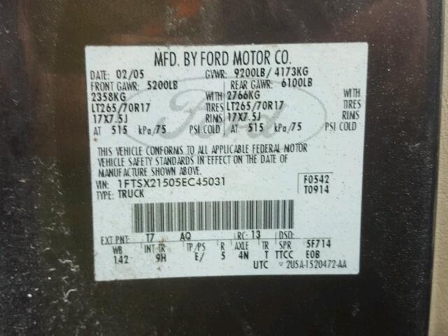 1FTSX21505EC45031 - 2005 FORD F250 SUPER GRAY photo 10