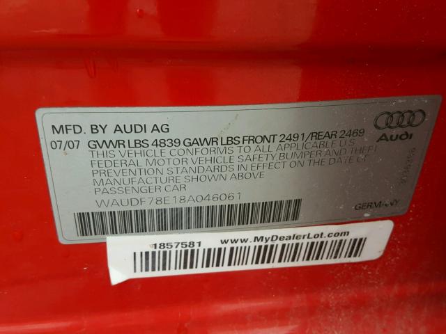 WAUDF78E18A046061 - 2008 AUDI A4 2.0T QU RED photo 10