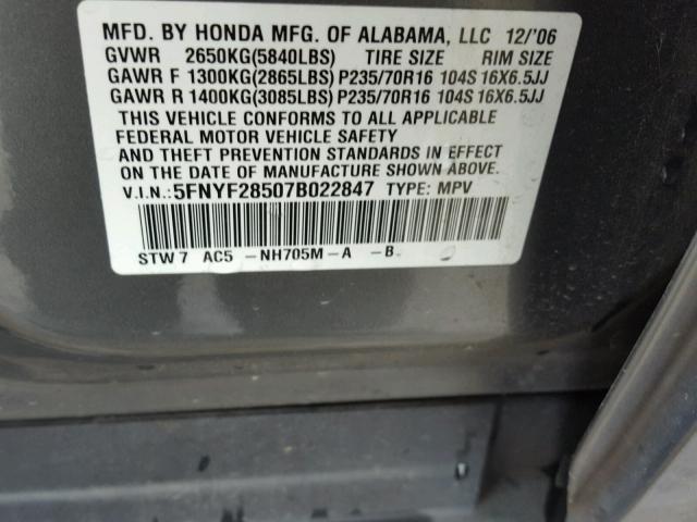 5FNYF28507B022847 - 2007 HONDA PILOT EXL CHARCOAL photo 10