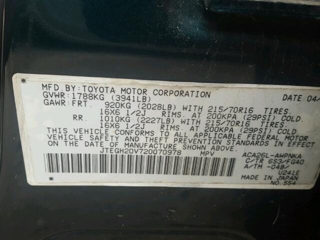 JTEGH20V720070978 - 2002 TOYOTA RAV4 GREEN photo 10