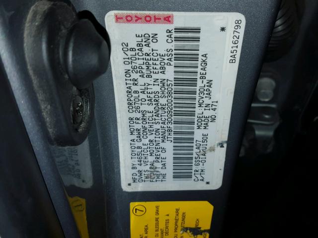 JTHBF30G920038057 - 2002 LEXUS ES 300 GRAY photo 10