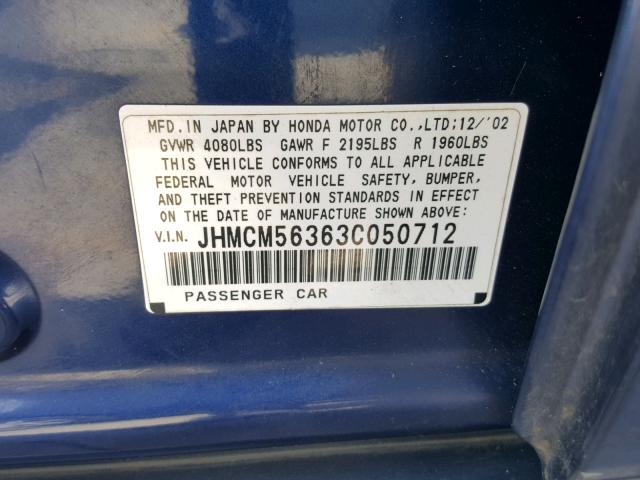 JHMCM56363C050712 - 2003 HONDA ACCORD LX BLUE photo 10