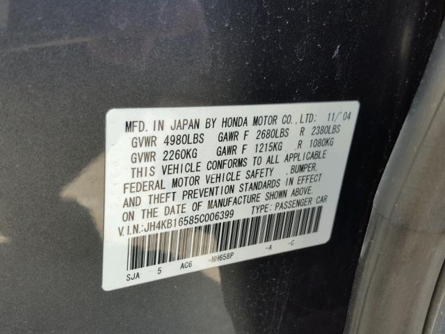 JH4KB16585C006399 - 2005 ACURA RL GRAY photo 10