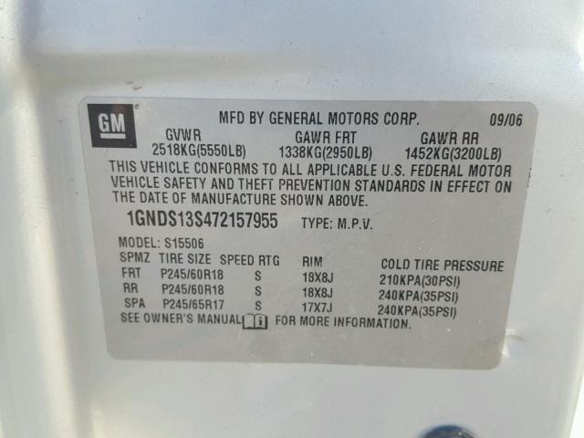 1GNDS13S472157955 - 2007 CHEVROLET TRAILBLAZE SILVER photo 10