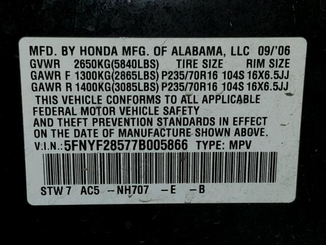 5FNYF28577B005866 - 2007 HONDA PILOT EXL BLACK photo 10