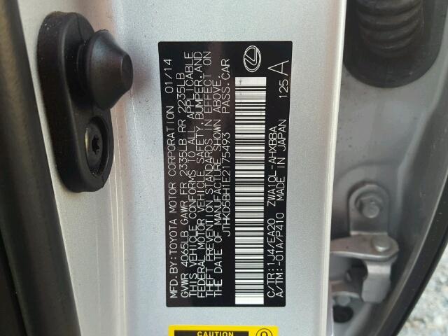 JTHKD5BH1E2175493 - 2014 LEXUS CT200H SILVER photo 10