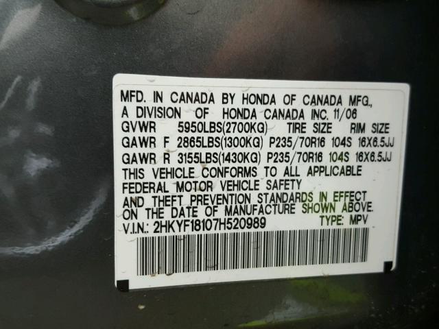 2HKYF18107H520989 - 2007 HONDA PILOT LX GRAY photo 10