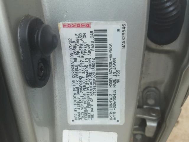 JTDBE30K920135042 - 2002 TOYOTA CAMRY LE SILVER photo 10