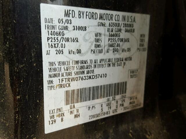 1FTRW07633KD57410 - 2003 FORD F150 BLACK photo 10