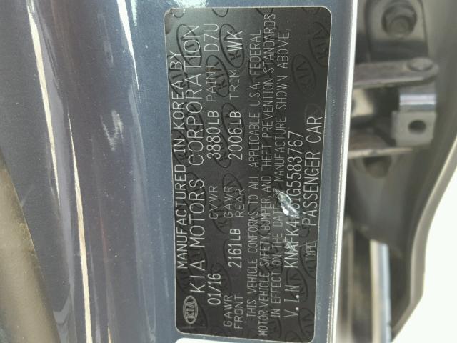 KNAFK4A61G5583767 - 2016 KIA FORTE LX GRAY photo 10