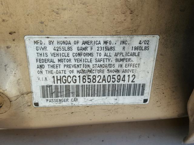 1HGCG16582A059412 - 2002 HONDA ACCORD EX GOLD photo 10