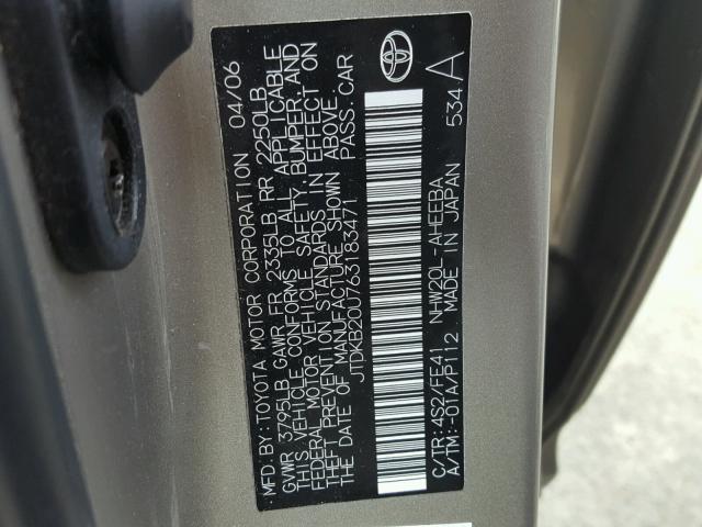 JTDKB20U763183471 - 2006 TOYOTA PRIUS GOLD photo 10