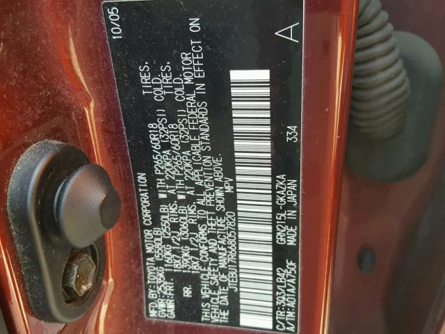 JTEBU17R668057820 - 2006 TOYOTA 4RUNNER LI RED photo 10