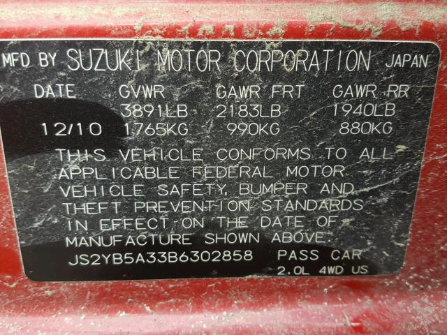 JS2YB5A33B6302858 - 2011 SUZUKI SX4 BASE RED photo 10