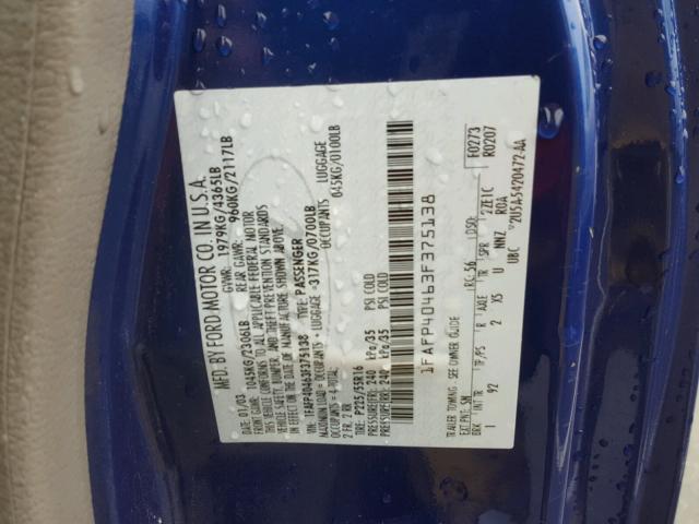 1FAFP40463F375138 - 2003 FORD MUSTANG BLUE photo 10