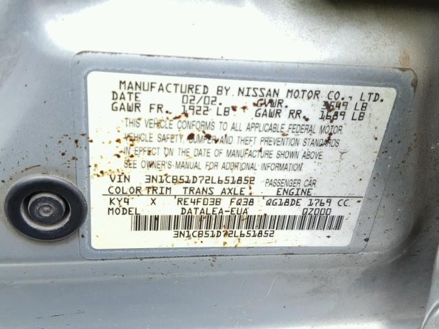 3N1CB51D72L651852 - 2002 NISSAN SENTRA XE SILVER photo 10