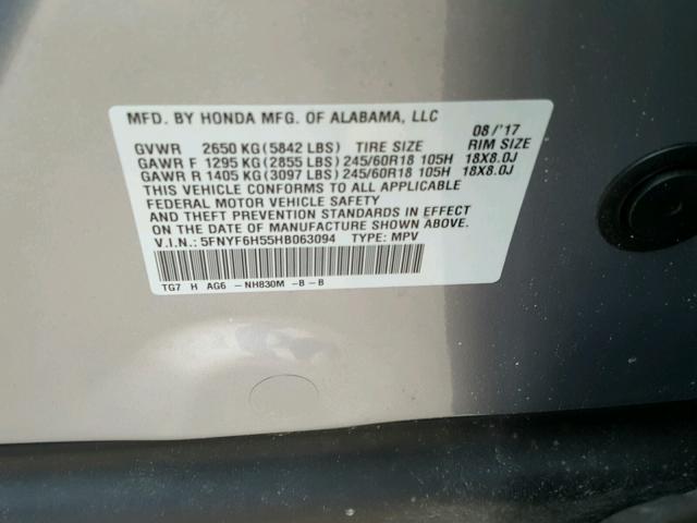 5FNYF6H55HB063094 - 2017 HONDA PILOT EXL SILVER photo 10