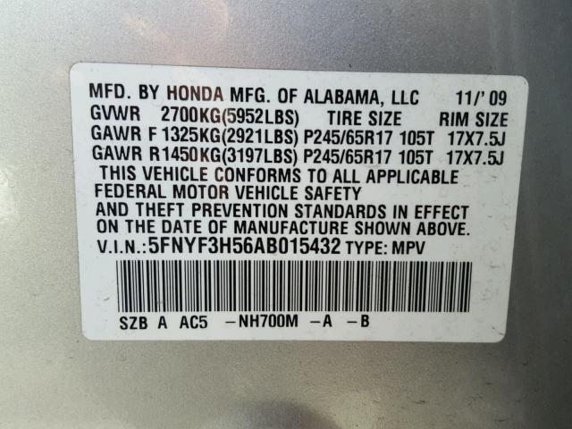 5FNYF3H56AB015432 - 2010 HONDA PILOT EXL SILVER photo 10