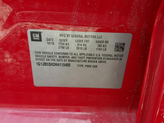 1G1JB5SH2H4119485 - 2017 CHEVROLET SONIC LS RED photo 10