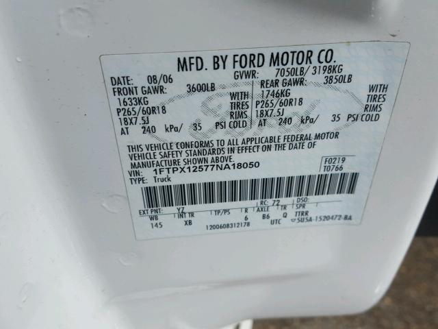 1FTPX12577NA18050 - 2007 FORD F150 WHITE photo 10