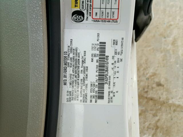 3FADP0L38AR107498 - 2010 FORD FUSION HYB WHITE photo 10