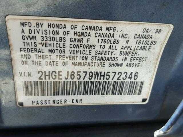 2HGEJ6579WH572346 - 1998 HONDA CIVIC LX BLUE photo 10