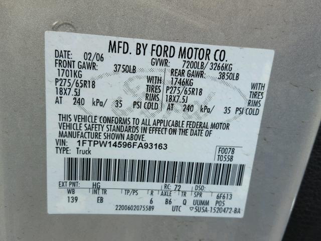 1FTPW14596FA93163 - 2006 FORD F150 SUPER SILVER photo 10