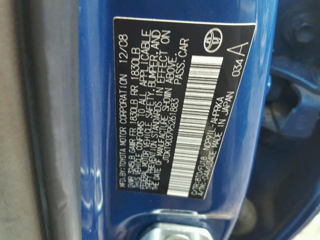 JTDKT903795261883 - 2009 TOYOTA YARIS BLUE photo 10