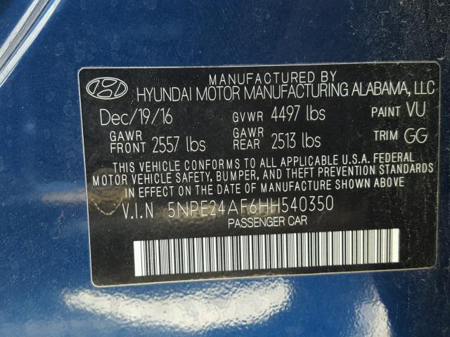 5NPE24AF6HH540350 - 2017 HYUNDAI SONATA SE BLUE photo 10