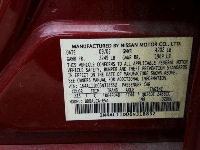 1N4AL11D06N318852 - 2006 NISSAN ALTIMA S RED photo 10