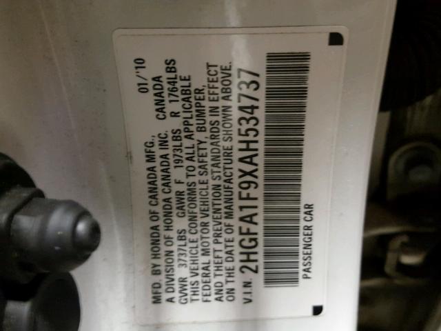 2HGFA1F9XAH534737 - 2010 HONDA CIVIC EXL თეთრი ფოტო 10