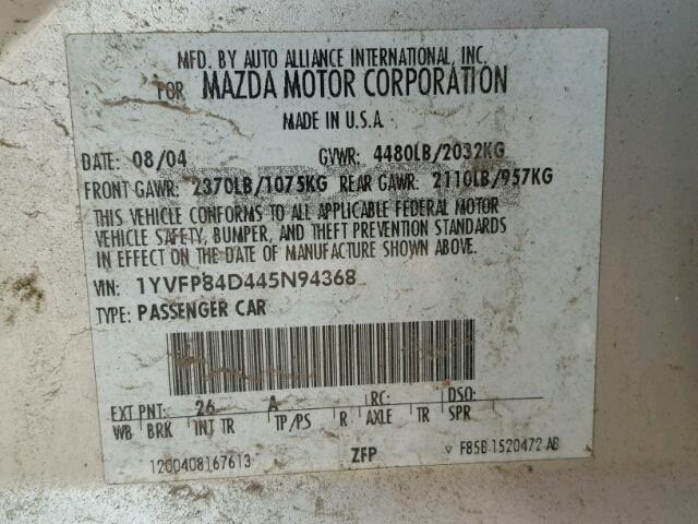 1YVFP84D445N94368 - 2004 MAZDA 6 S GRAY photo 10