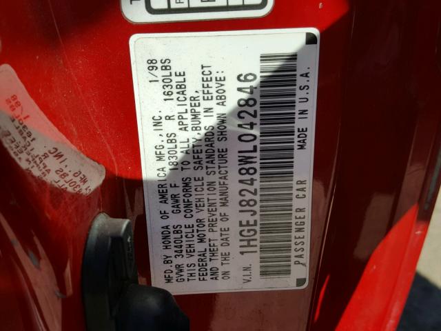 1HGEJ8248WL042846 - 1998 HONDA CIVIC EX წითელი ფოტო 10