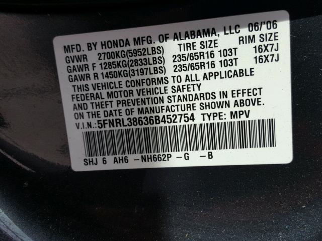 5FNRL38636B452754 - 2006 HONDA ODYSSEY EX CHARCOAL photo 10