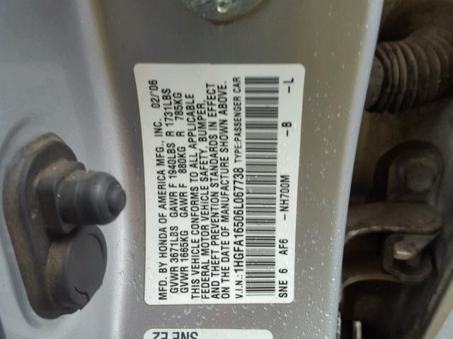 1HGFA16506L067738 - 2006 HONDA CIVIC LX SILVER photo 10