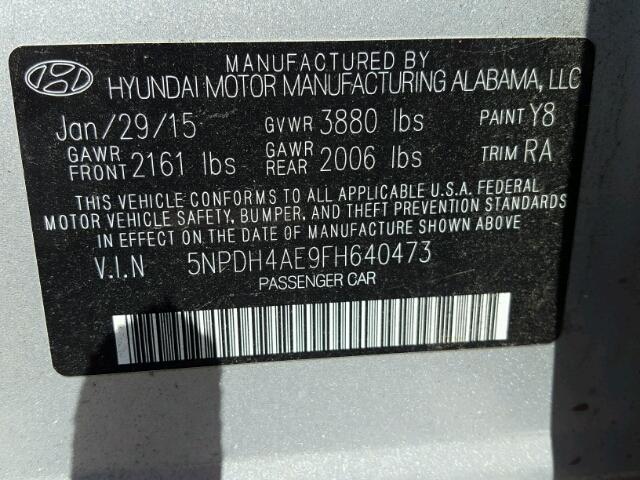 5NPDH4AE9FH640473 - 2015 HYUNDAI ELANTRA SE GRAY photo 10