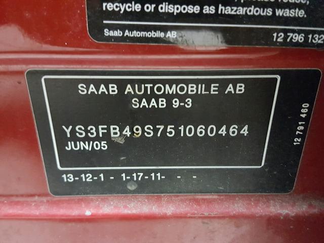 YS3FB49S751060464 - 2005 SAAB 9-3 LINEAR RED photo 10