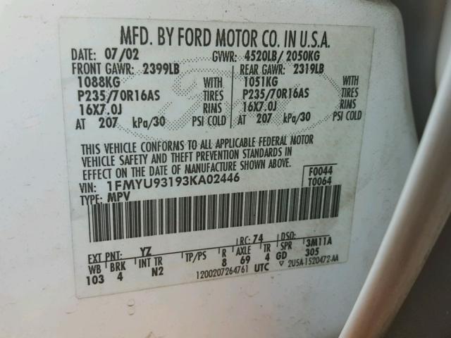 1FMYU93193KA02446 - 2003 FORD ESCAPE XLT WHITE photo 10