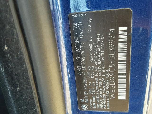 WBSDX9C56BE399214 - 2011 BMW M3 BLUE photo 10