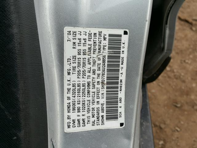 SHSRD77834U248856 - 2004 HONDA CR-V EX SILVER photo 10