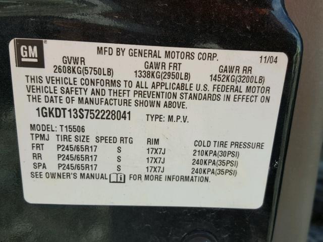 1GKDT13S752228041 - 2005 GMC ENVOY BLACK photo 10