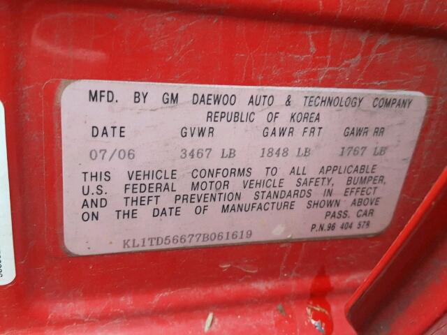 KL1TD56677B061619 - 2007 CHEVROLET AVEO BASE Qırmızı foto 10