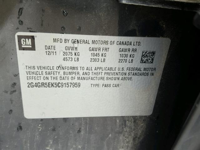 2G4GR5EK5C9157959 - 2012 BUICK REGAL GRAY photo 10